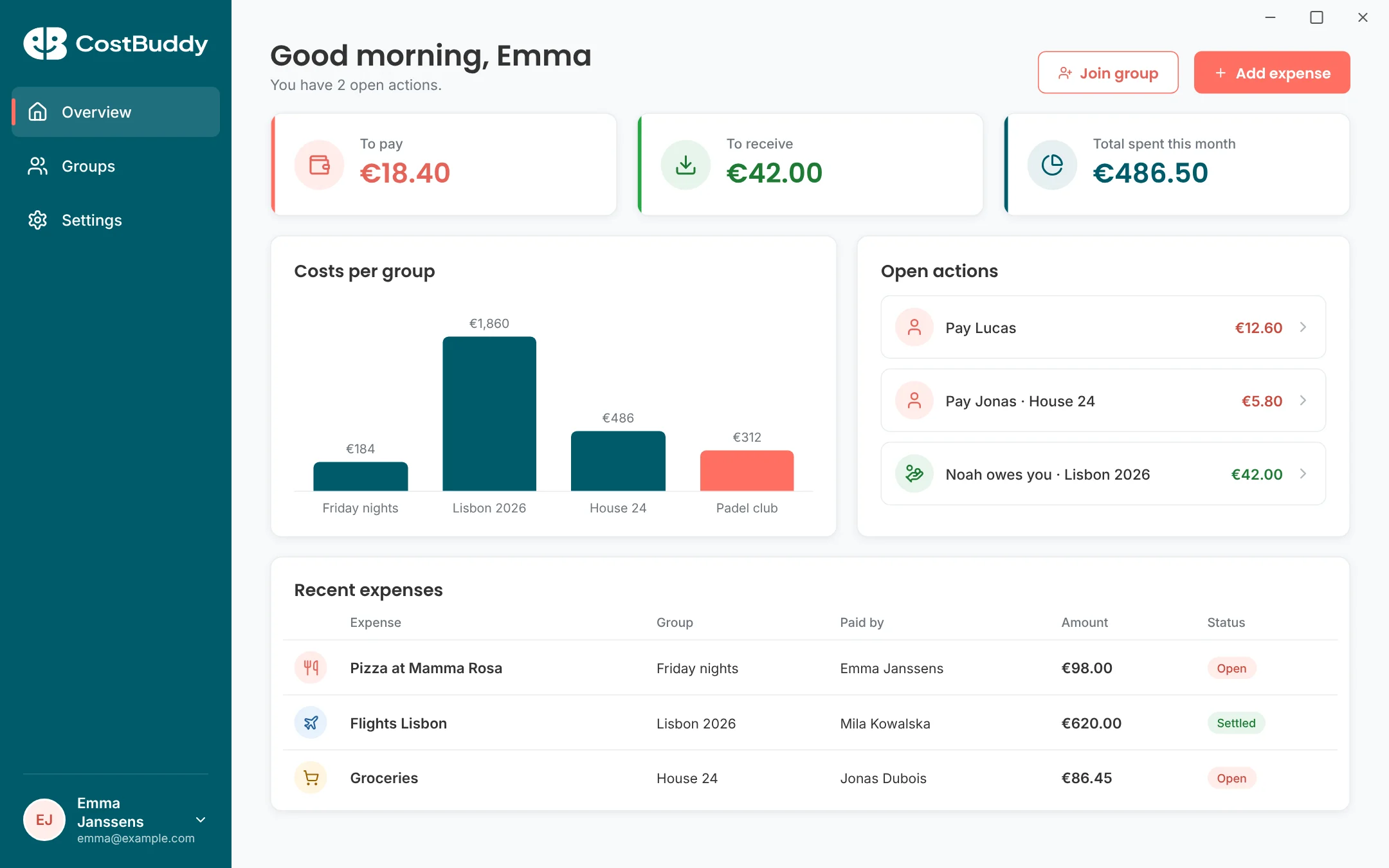 CostBuddy dashboard on Windows: amounts to pay and receive, costs per group, open actions and recent expenses