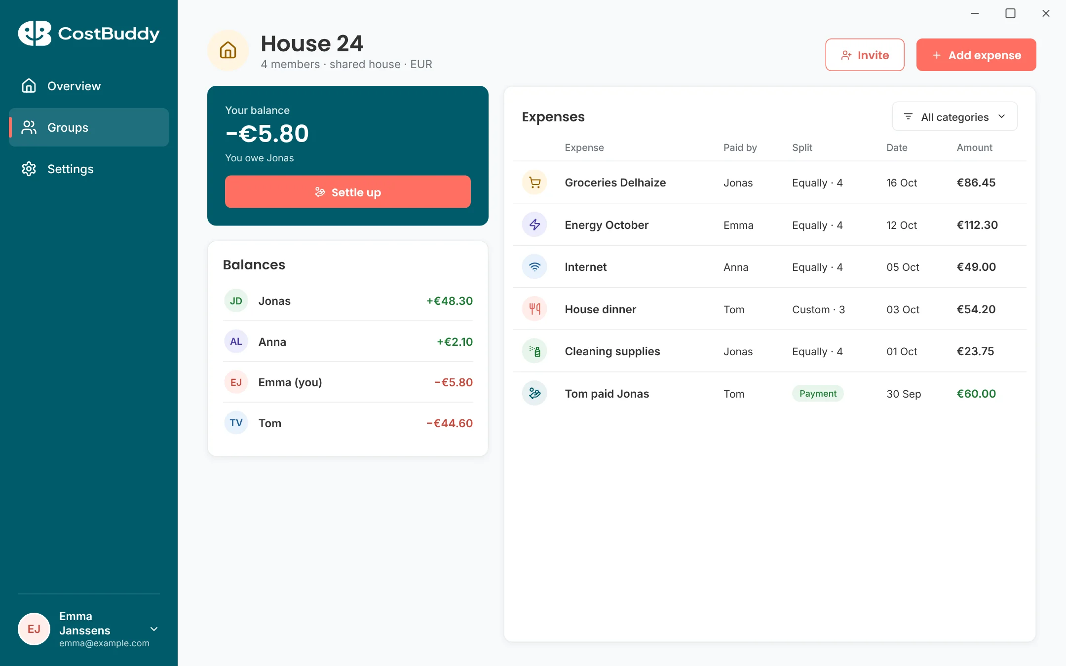 Group overview on Windows with balances and expenses