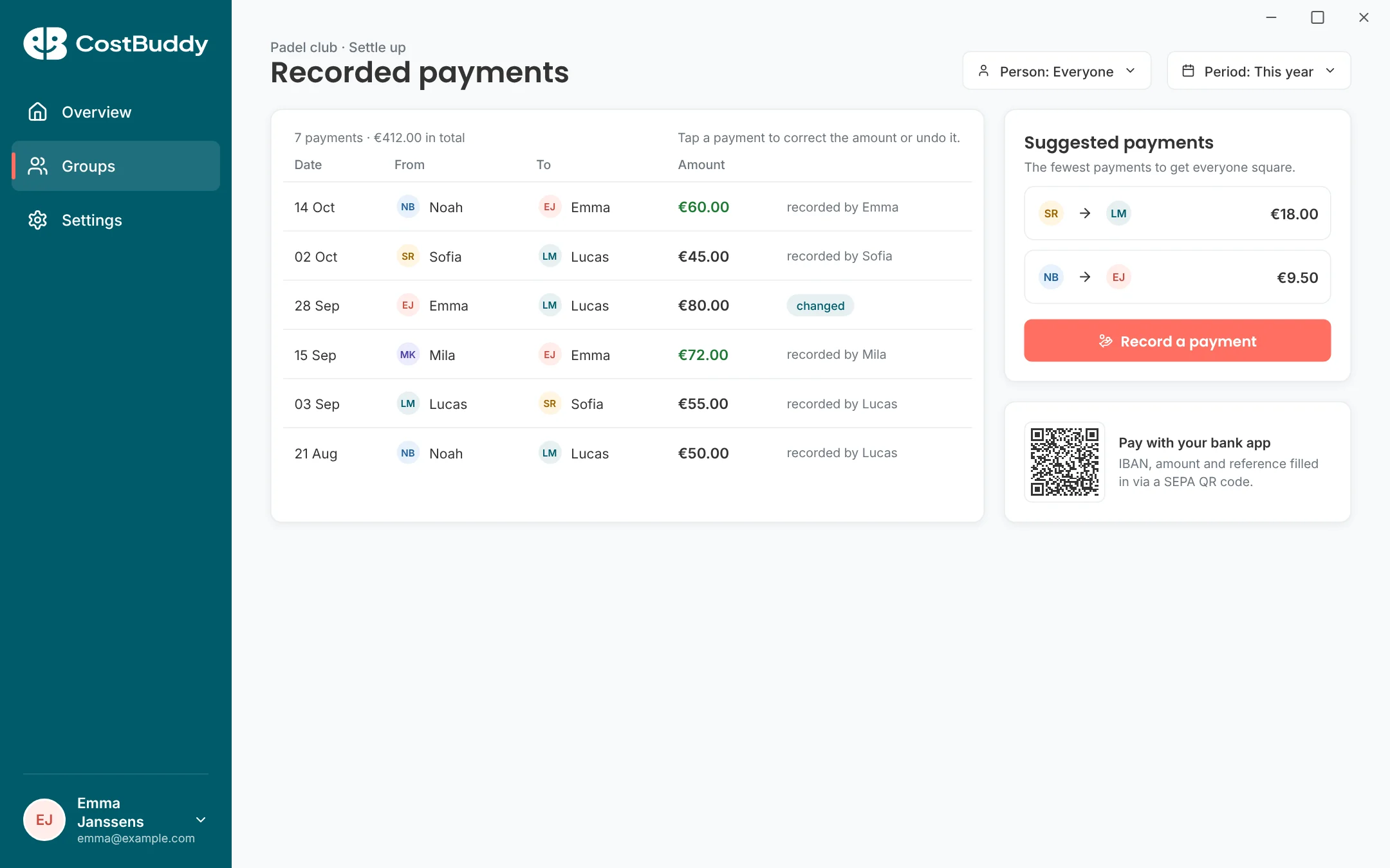Recorded payments with filters