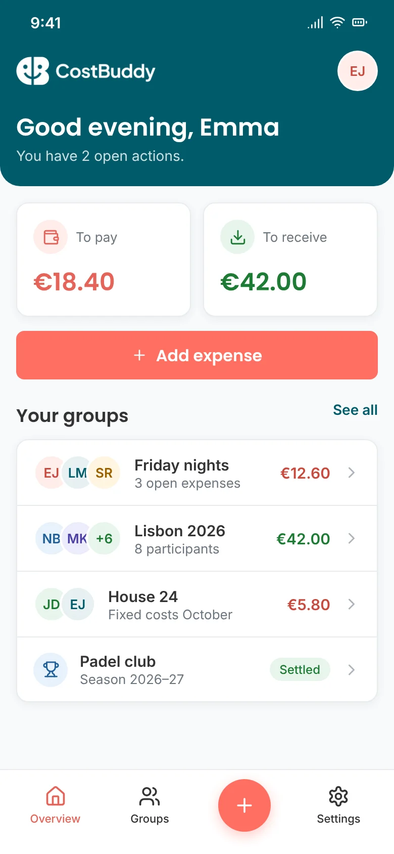 CostBuddy on a phone: your balance and your groups