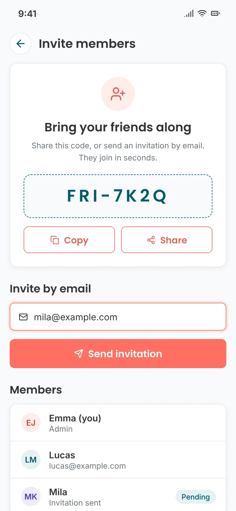 Invite members with a code or by email